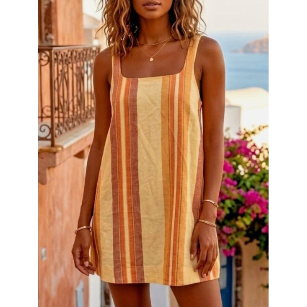 Free People Free Est Breezy Linen Striped Printed Mini Dress Scoop NeckXS 290391